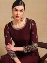 Women Burgundy Silk Blend Embroidered Straight Kurta Pant Set With Dupatta-PKSKD2226